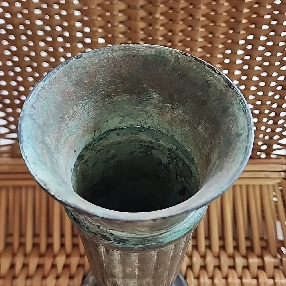 Verdigris Patina Bronze Vase Chalice Trumpet Flare Vintage Pedestal Vase - Picture 4 of 8